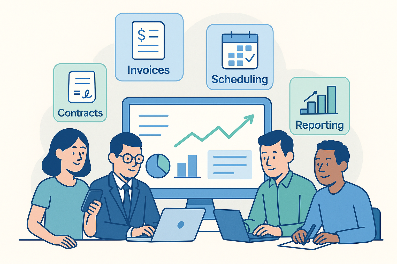 Small business team using apps for invoices, scheduling, contracts, and reporting